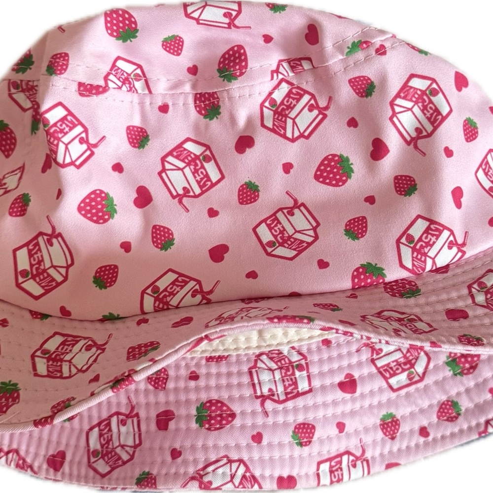 Pink Strawberry Print Hat with Elasticized Edge